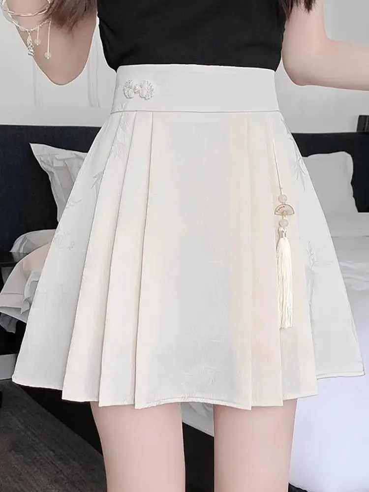 JYHBHMZG Pleated Horse Face Skirt Mini Skirt Women's Clothing Spring Summer Year Petite High Waist A-Line Tassel Mini Skirt