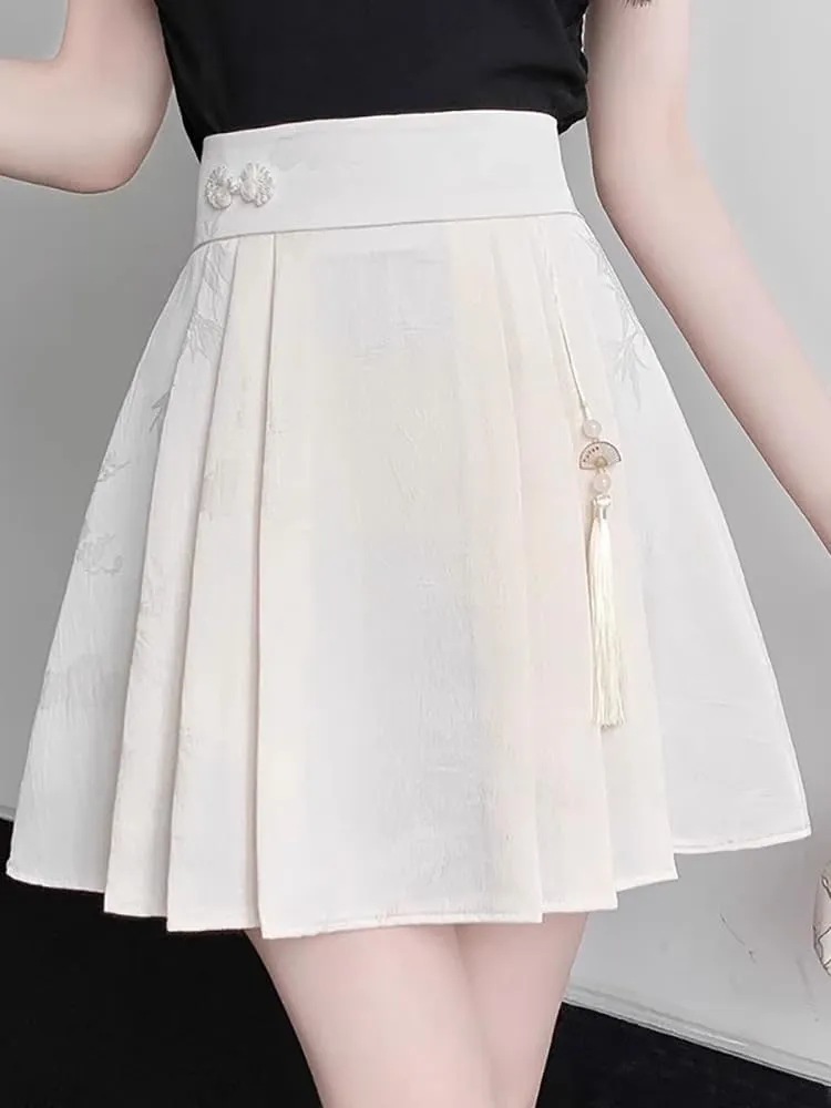 JYHBHMZG Pleated Horse Face Skirt Mini Skirt Women's Clothing Spring Summer Year Petite High Waist A-Line Tassel Mini Skirt