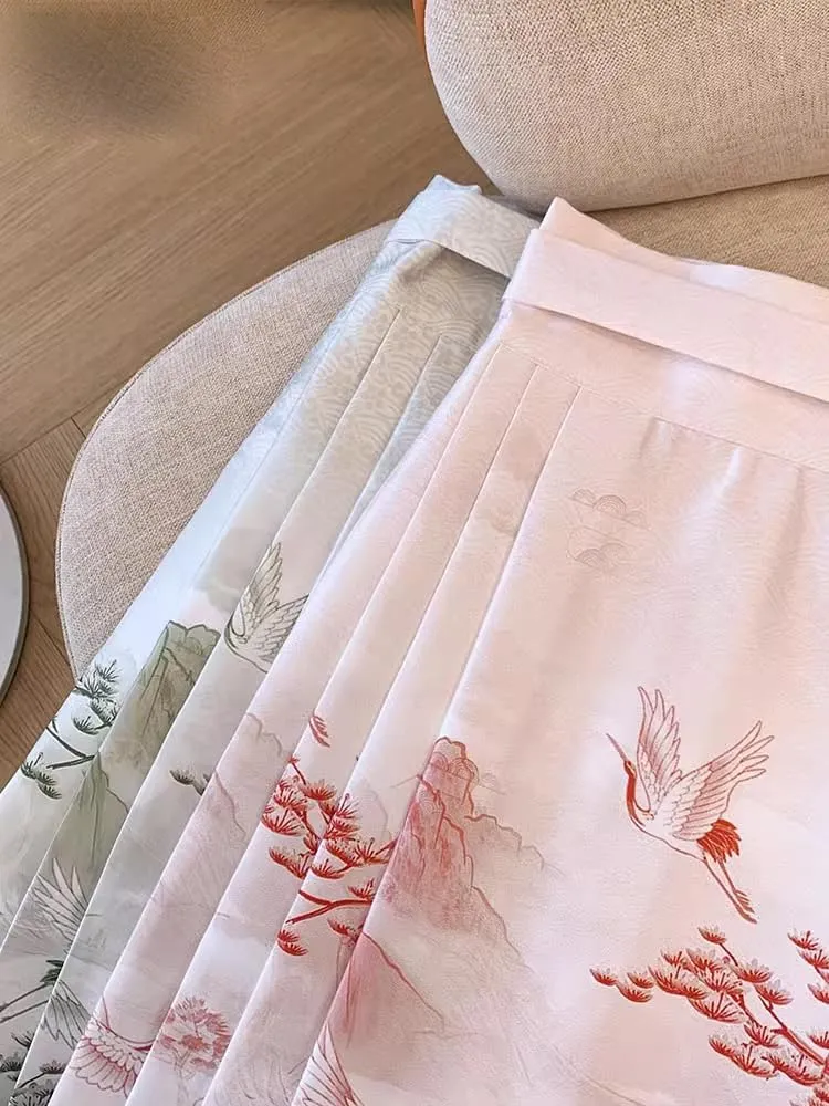 JYHBHMZG Short Horse Face Skirt Petite Chinese Style Printed Pleated Skirt Hanfu Mini Skirt Women