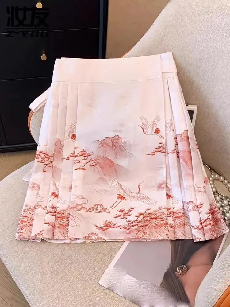 JYHBHMZG Short Horse Face Skirt Petite Chinese Style Printed Pleated Skirt Hanfu Mini Skirt Women
