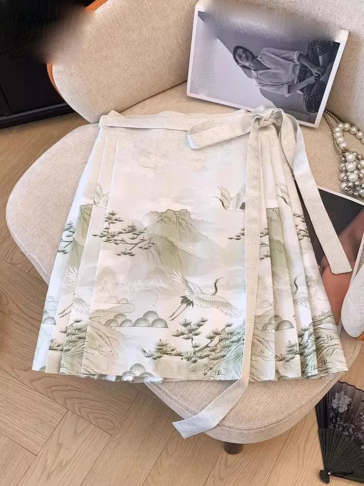 JYHBHMZG Short Horse Face Skirt Petite Chinese Style Printed Pleated Skirt Hanfu Mini Skirt Women