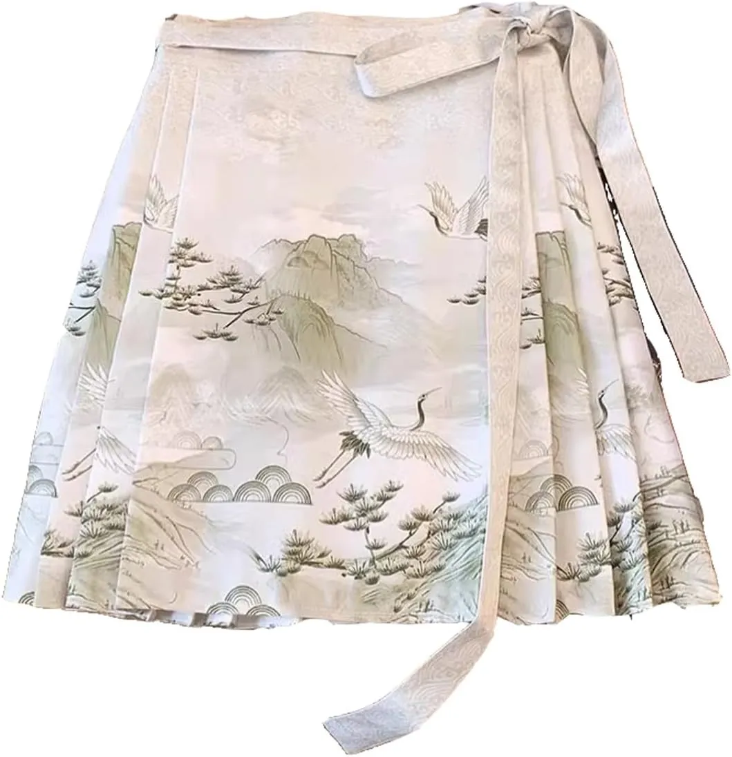 JYHBHMZG Short Horse Face Skirt Petite Chinese Style Printed Pleated Skirt Hanfu Mini Skirt Women