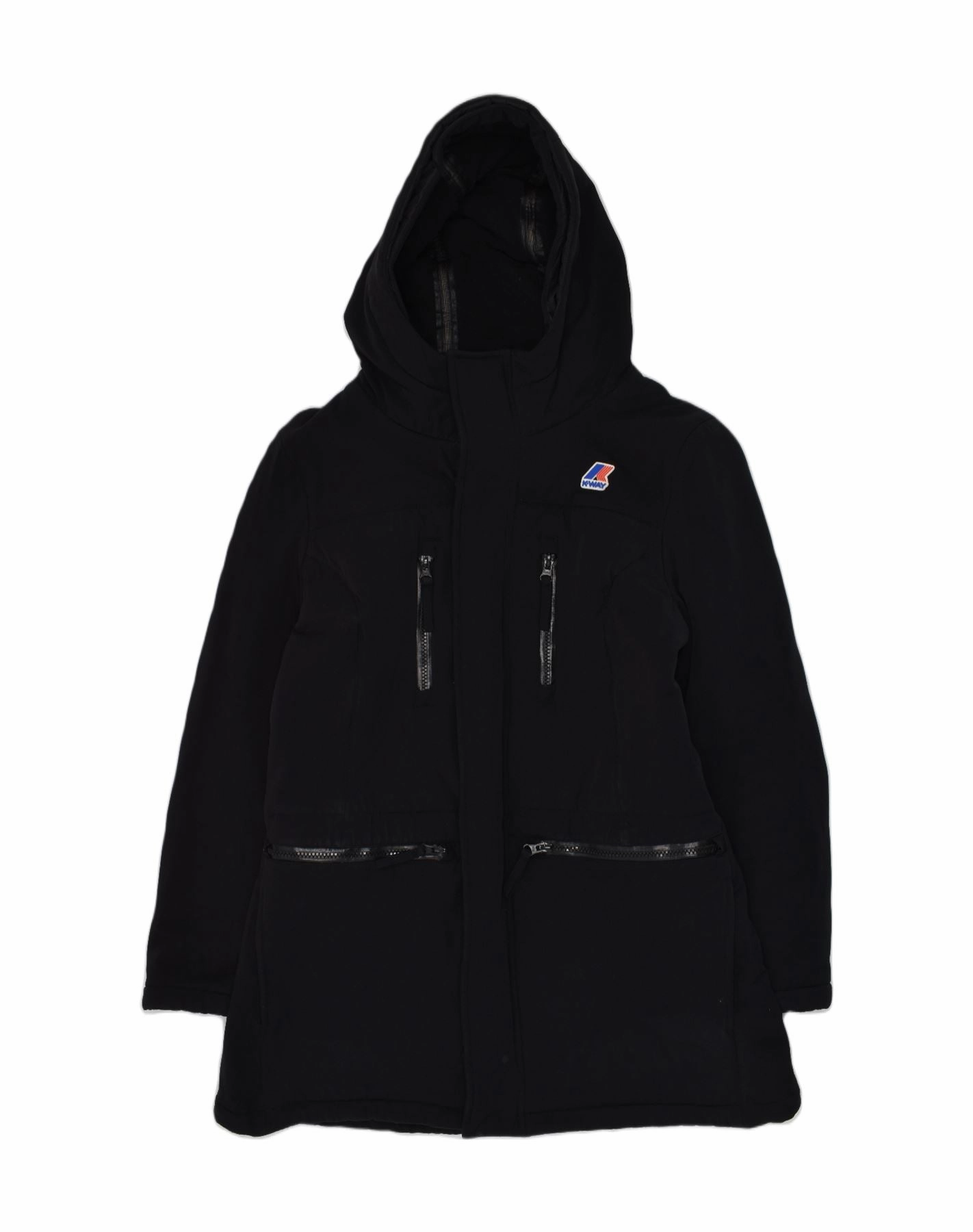 K-WAY Boys Hooded Raincoat 6-7 Years Black Nylon Reinforced Seams Extra Warmth