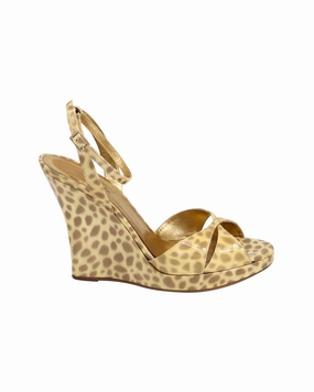 Kate Spade Ocelot Wedge Sandals in Gold Patent Leather Weather Proof Street Glow