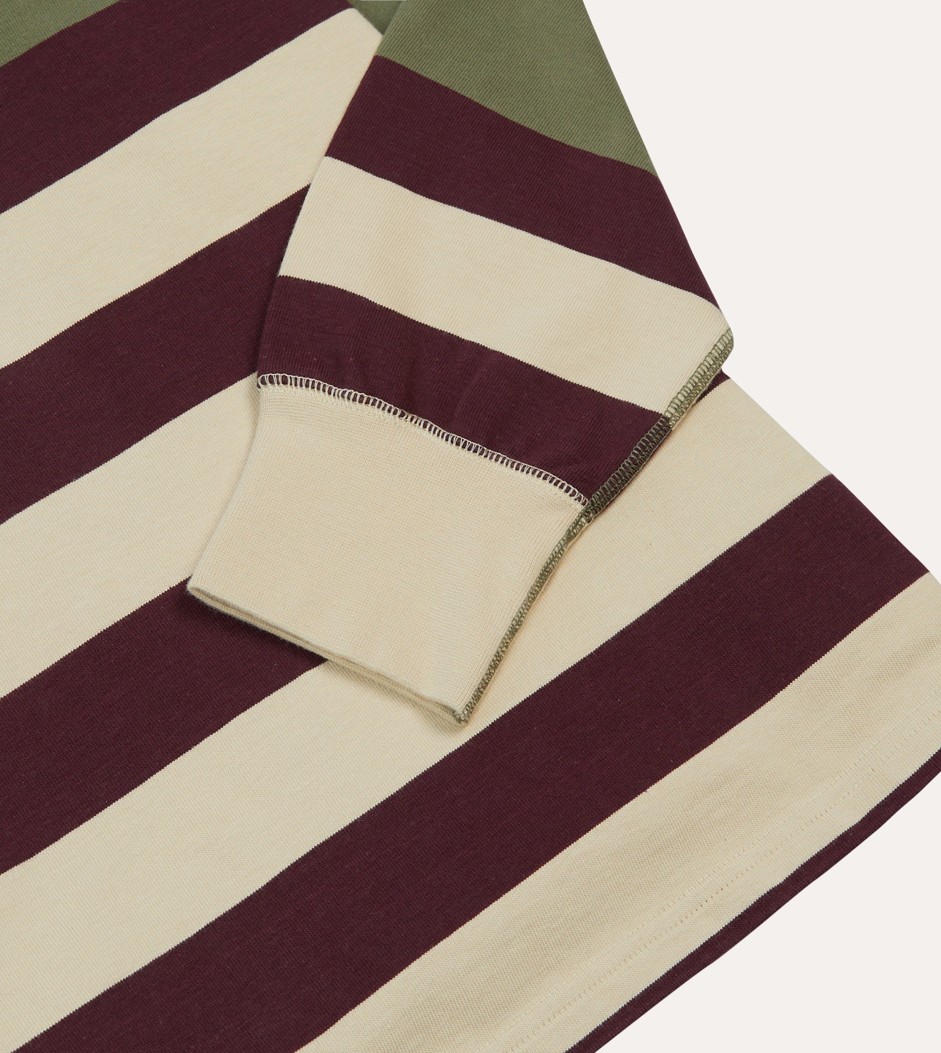 Khaki, Burgundy and Ecru Half Striped Cotton Rugby Shirt Durable Buttons Nautical Look