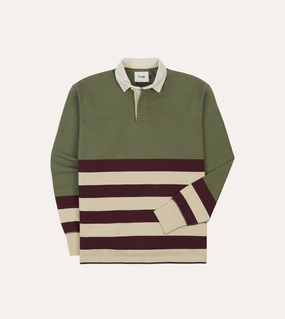Khaki, Burgundy and Ecru Half Striped Cotton Rugby Shirt Breathable Material