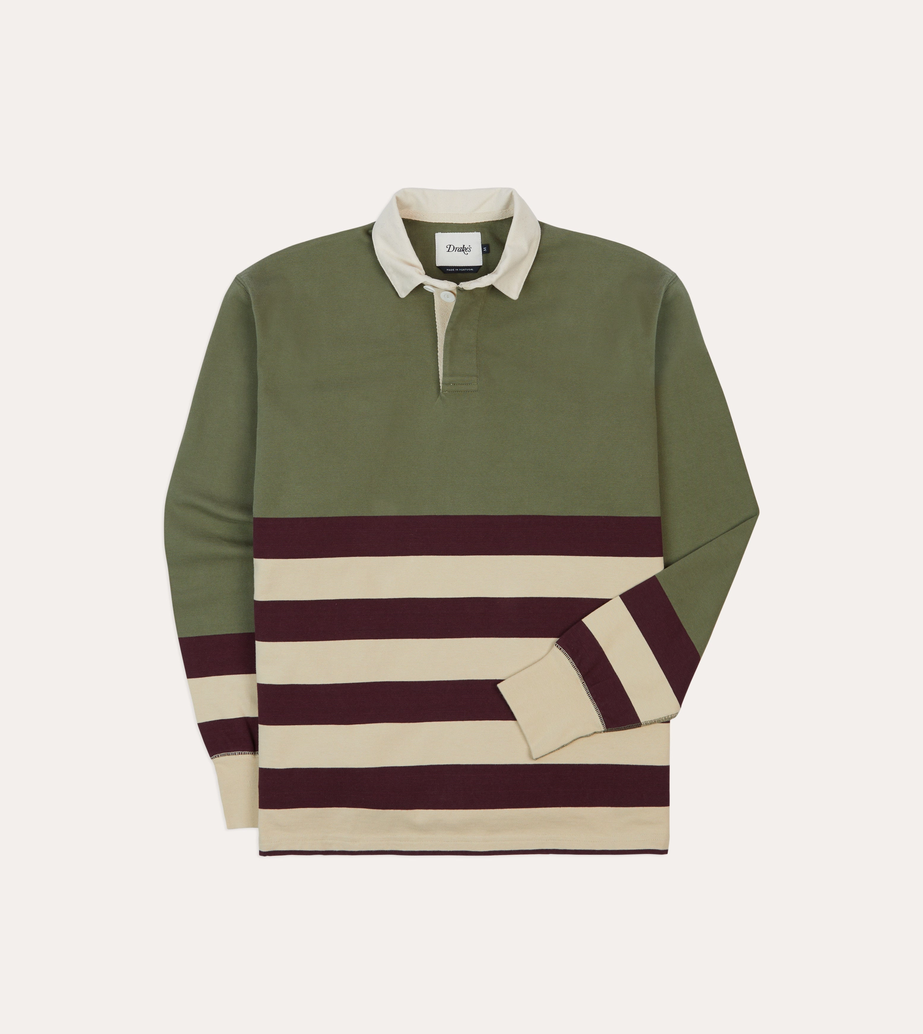 Khaki, Burgundy and Ecru Half Striped Cotton Rugby Shirt Breathable Material