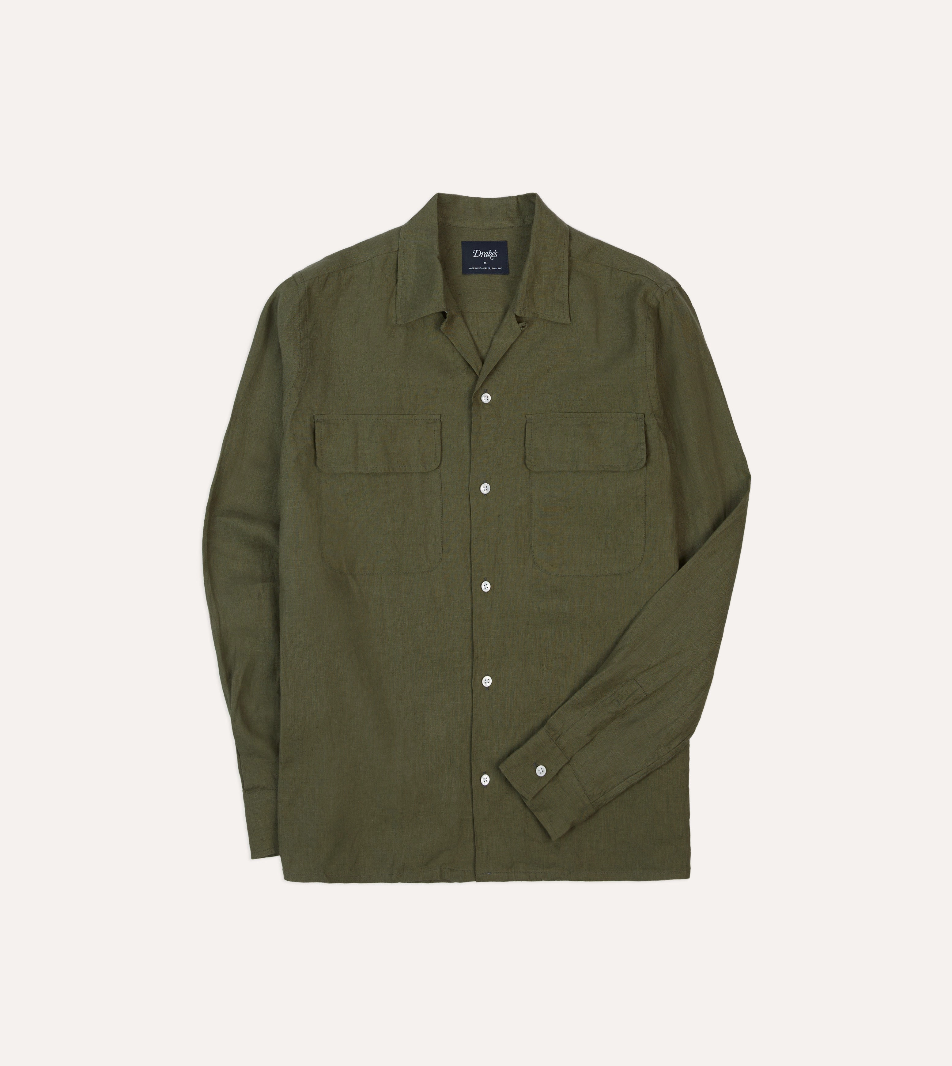 Khaki Linen Camp Collar Long Sleeve Shirt Sustainable Dye Process Handcrafted Detail