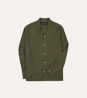 Khaki Linen Camp Collar Long Sleeve Shirt Sustainable Dye Process Handcrafted Detail