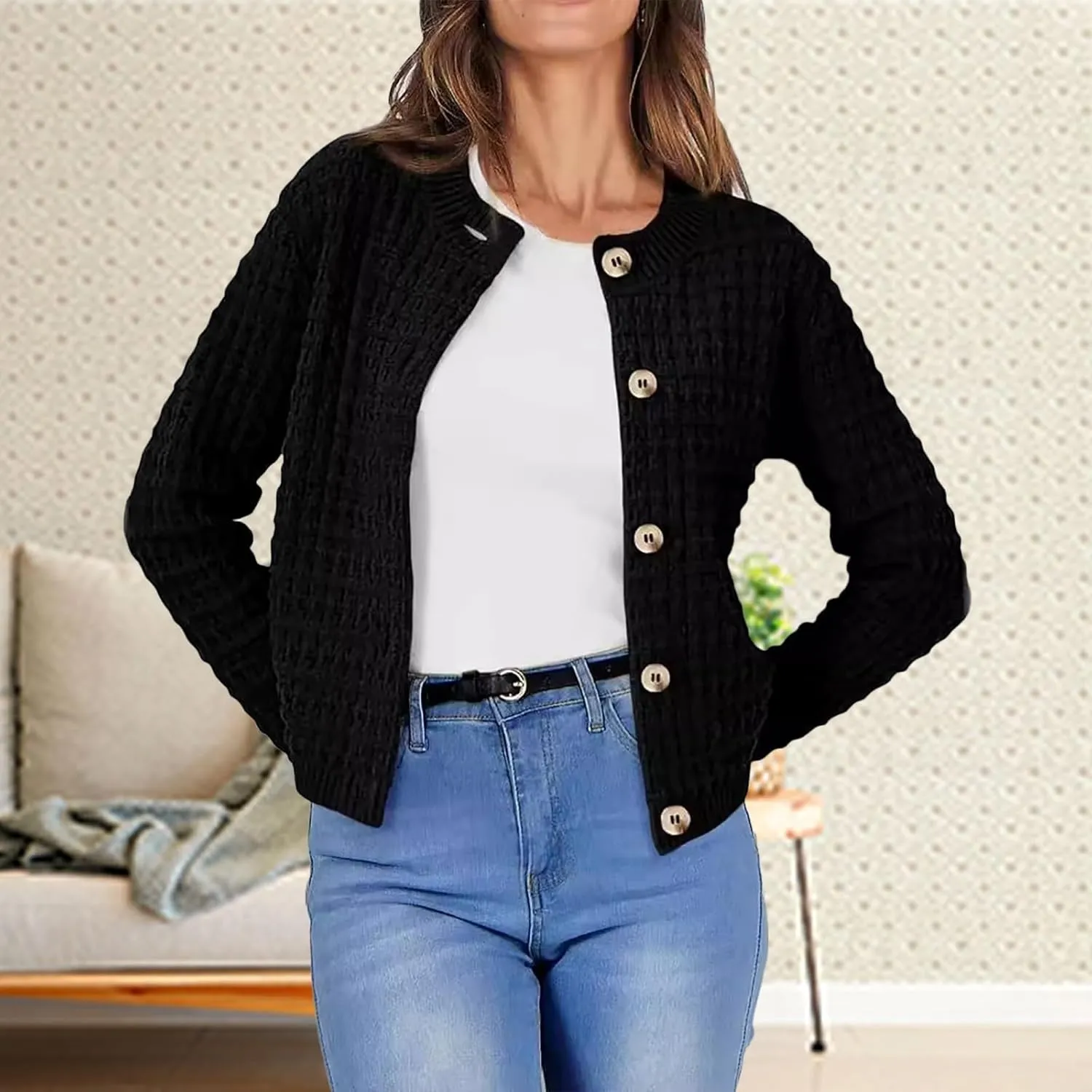 Knit Cardigan Sweaters for Women Casual Long Sleeve Button Tops Fashion Solid Color Open Front Blouse Fall Outfits