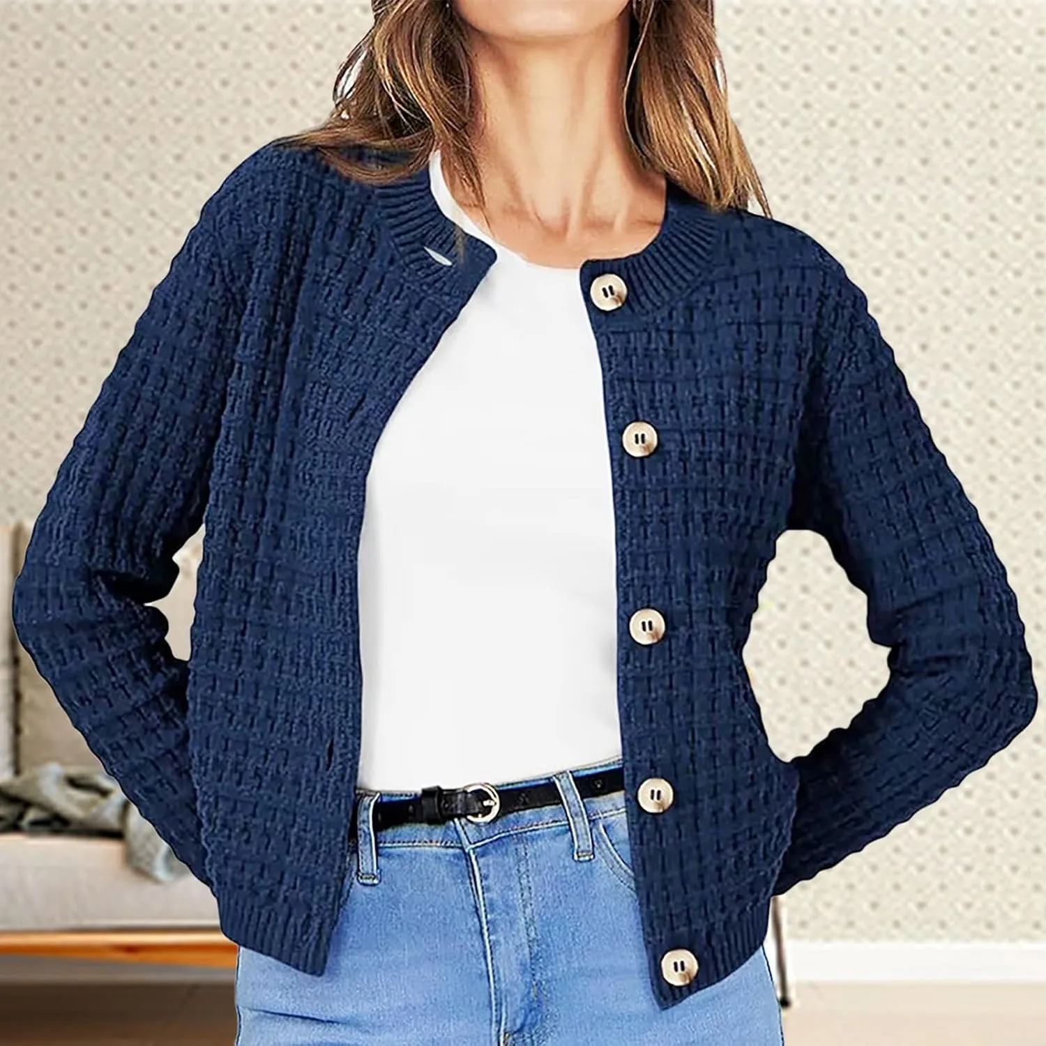Knit Cardigan Sweaters for Women Casual Long Sleeve Button Tops Fashion Solid Color Open Front Blouse Fall Outfits