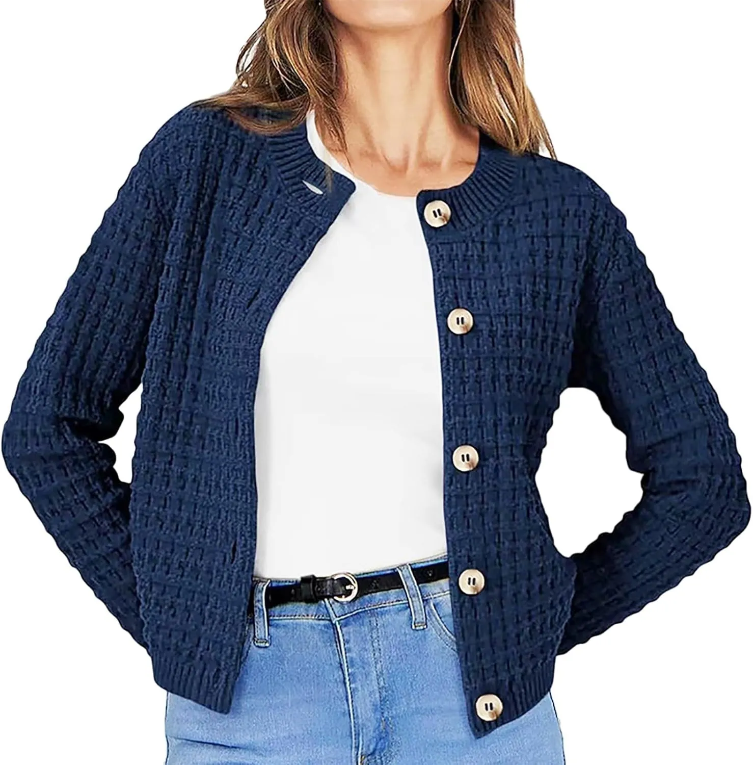 Knit Cardigan Sweaters for Women Casual Long Sleeve Button Tops Fashion Solid Color Open Front Blouse Fall Outfits