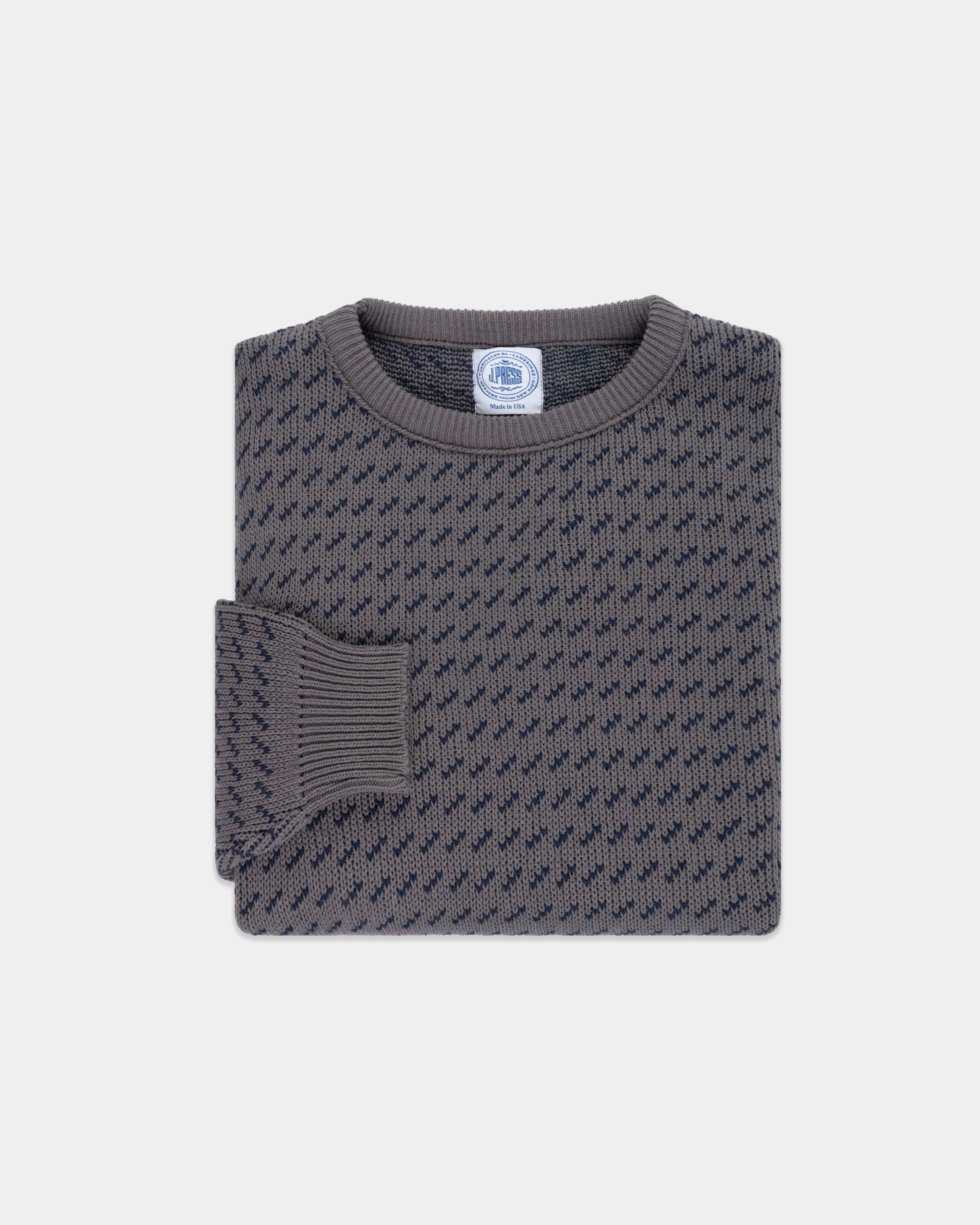 Winter Day Comfort Perfect Wear Made-in-USA Charcoal & Navy Chevron Cotton Crewneck Sweater