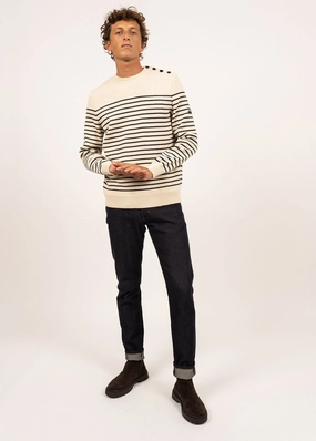 Winter Must-Have Knit Knitted Comfort BINIC - Authentic Striped Fisherman Sweater With Shoulder Buttons in Wool | Loose Fit (ECRU / NAVY)