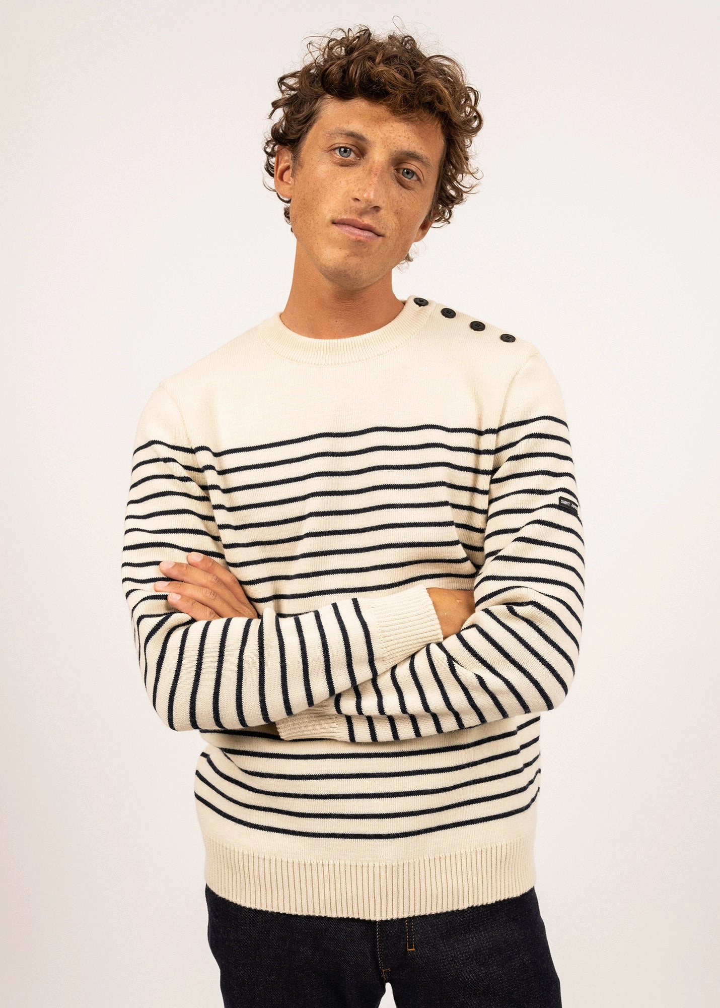 Smart Style Zero Waste Manufacturing BINIC - Authentic Striped Fisherman Sweater With Shoulder Buttons in Wool | Loose Fit (ECRU / NAVY)