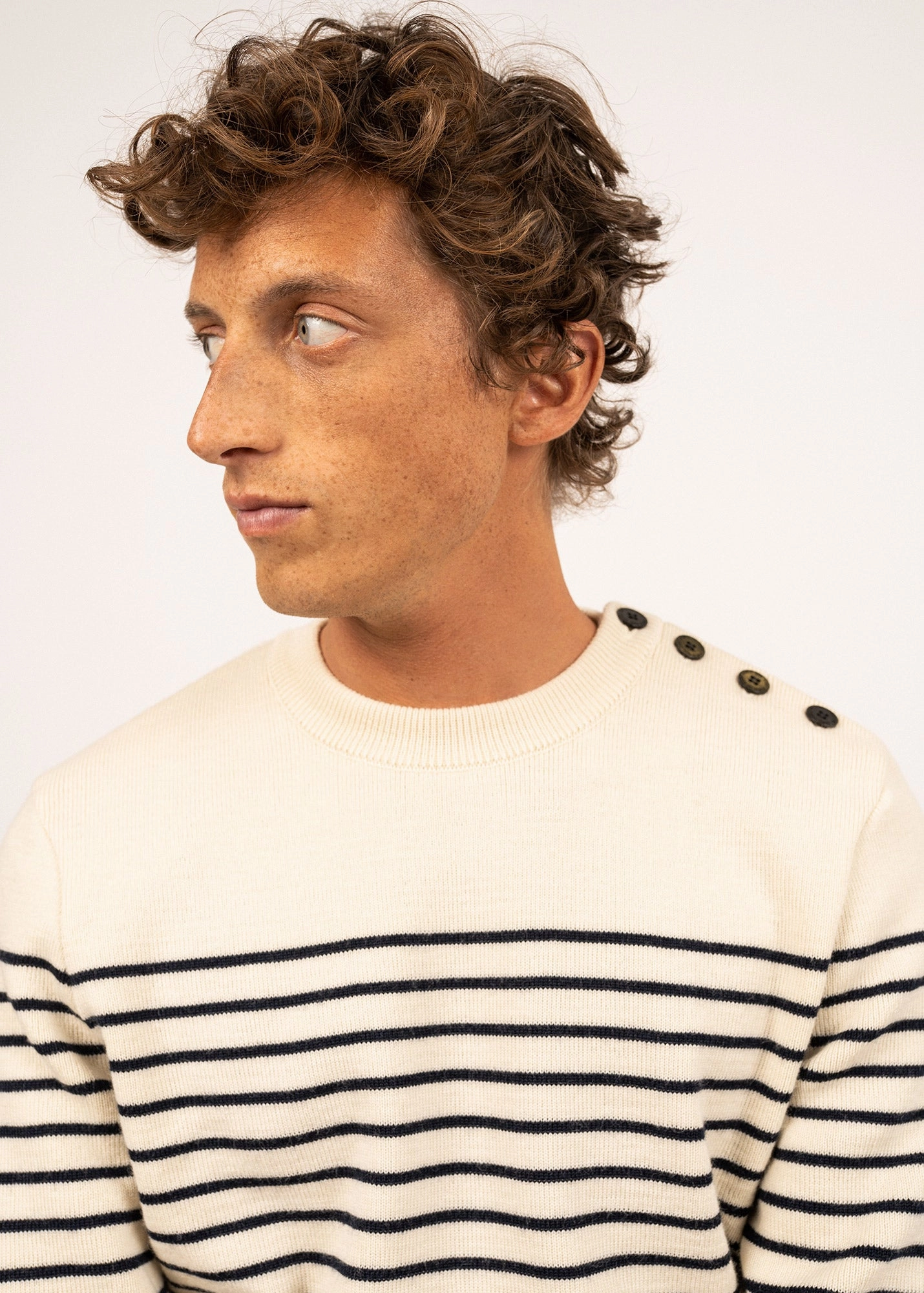 BINIC - Authentic Striped Fisherman Sweater With Shoulder Buttons in Wool | Loose Fit (ECRU / NAVY) Crew Neck Design Chilly Comfort