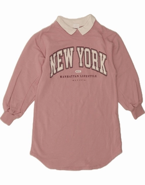 Glossy-Finish Casual Core ZARA Girls Graphic Jumper Dress 9-10 Years Pink Cotton