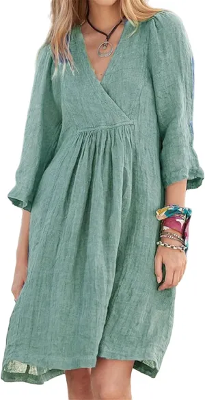 Kubbon Linen Dresses for Women Casual 3/4 Sleeve Midi Dress Wrap V Neck High Waisted Flowy Dresses Vacation Outfits