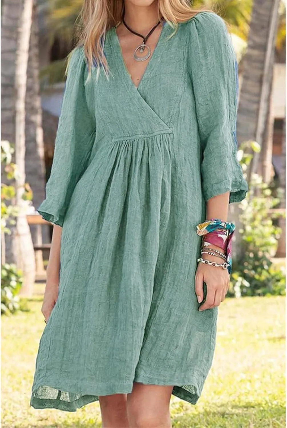 Kubbon Linen Dresses for Women Casual 3/4 Sleeve Midi Dress Wrap V Neck High Waisted Flowy Dresses Vacation Outfits