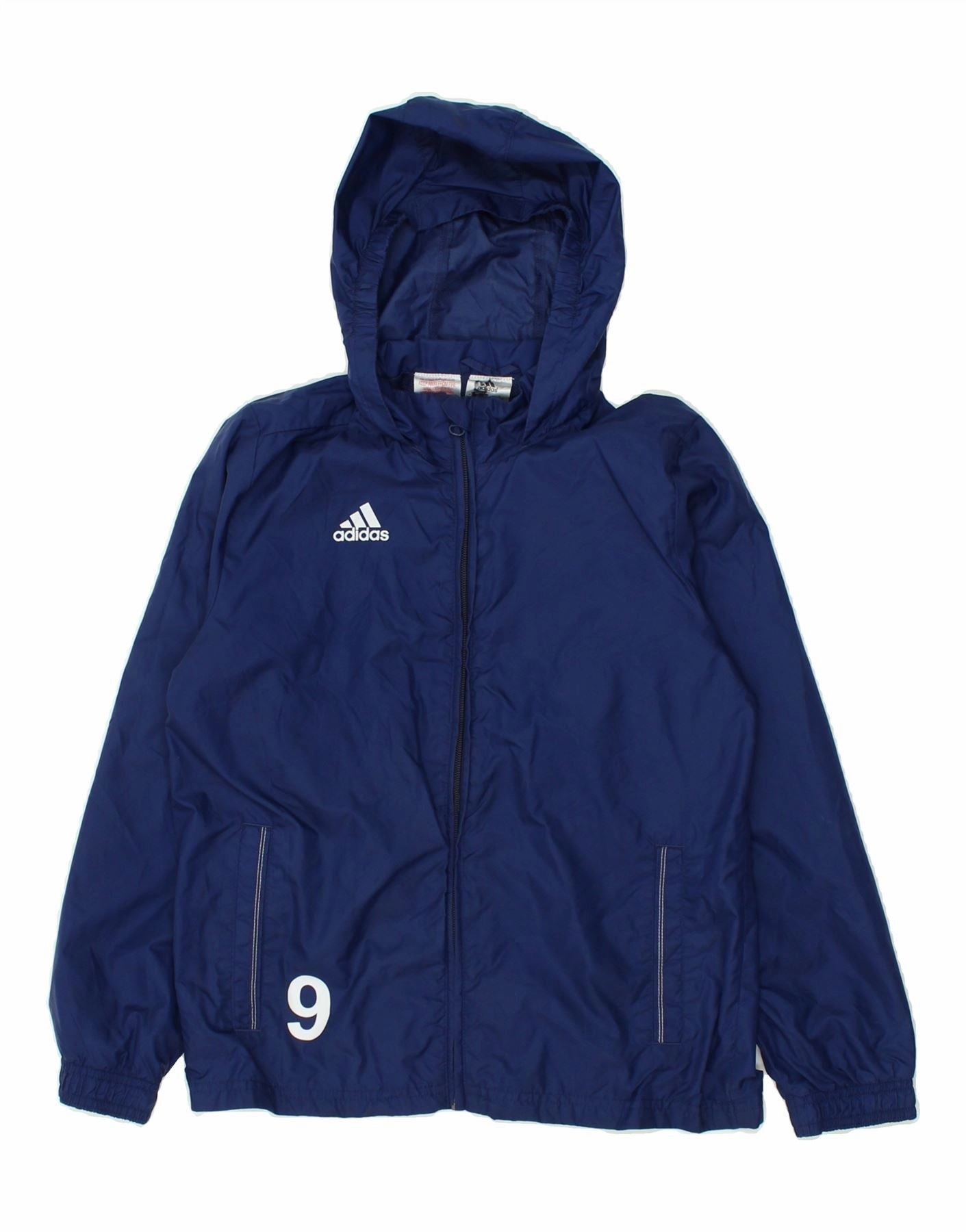 ADIDAS Boys Hooded Rain Jacket 9-10 Years Navy Blue Polyester Adventure-Ready Wear