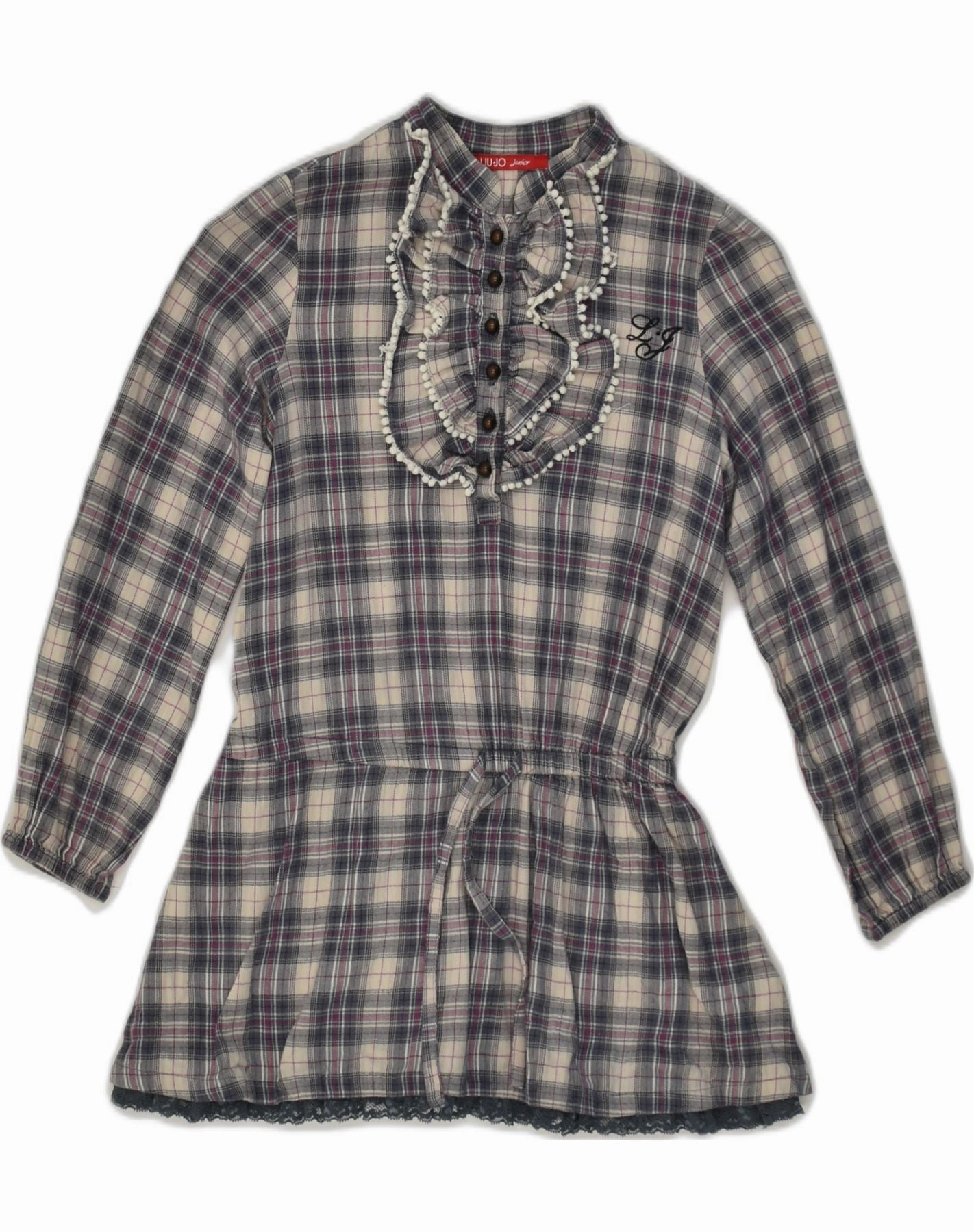 LIU JO Girls Long Sleeve Drop Waist Dress 5-6 Years Grey Check Cotton Work-to-Play Wear