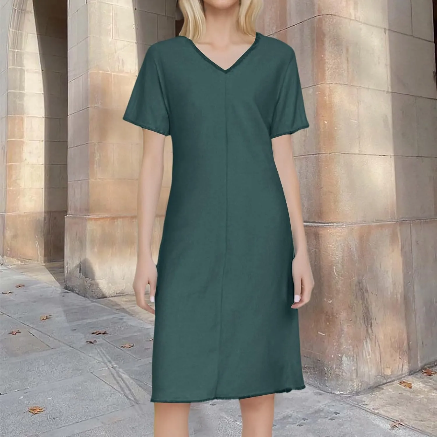 Ladies Fashion Casual Linen Solid Color V Neck Fringe Slit Dress Beach Dresses for Women
