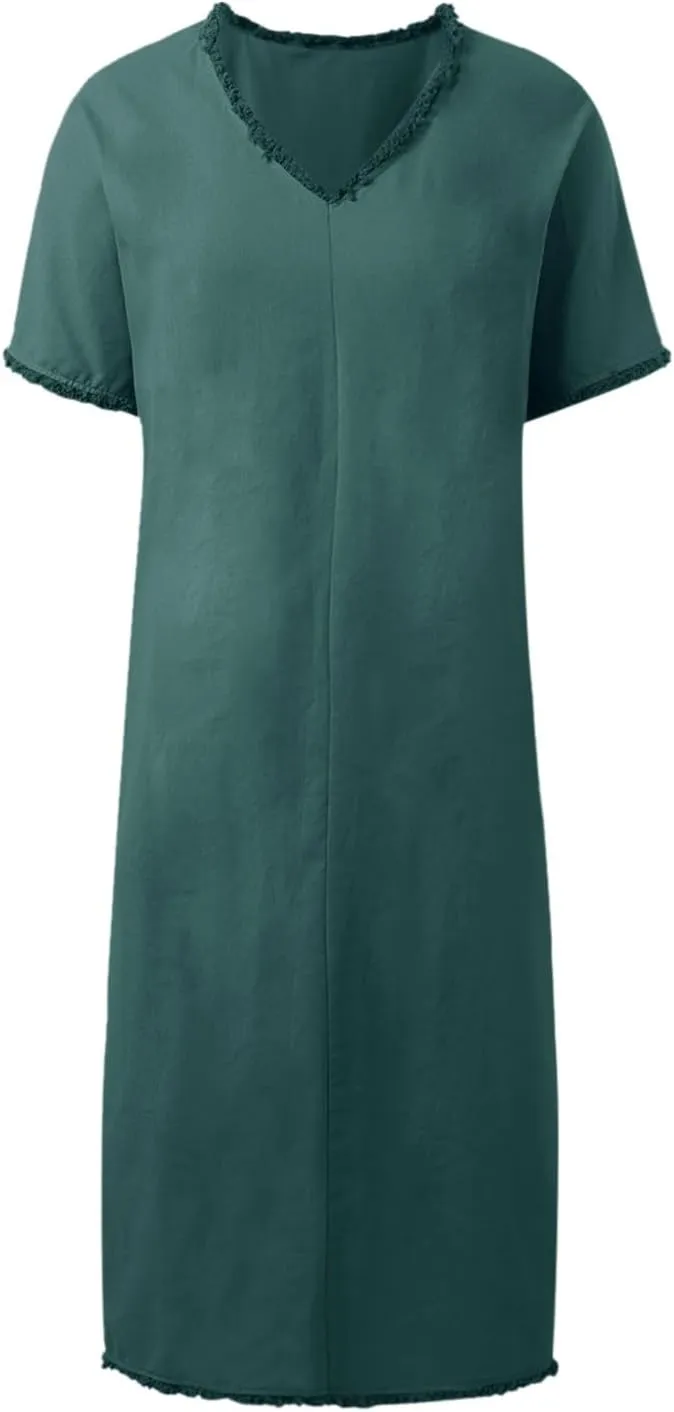 Ladies Fashion Casual Linen Solid Color V Neck Fringe Slit Dress Beach Dresses for Women