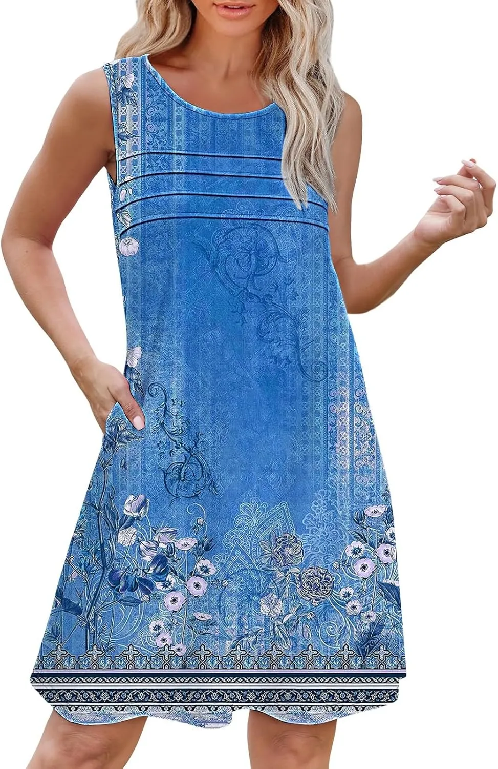 Ladies Summer Dresses Womens with Pockets Summer Casual Tank Dress Sleeveless Midi Beach Dress Linen Sleeveless