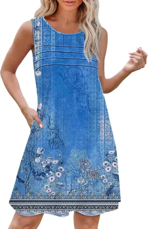 Ladies Summer Dresses Womens with Pockets Summer Casual Tank Dress Sleeveless Midi Beach Dress Linen Sleeveless