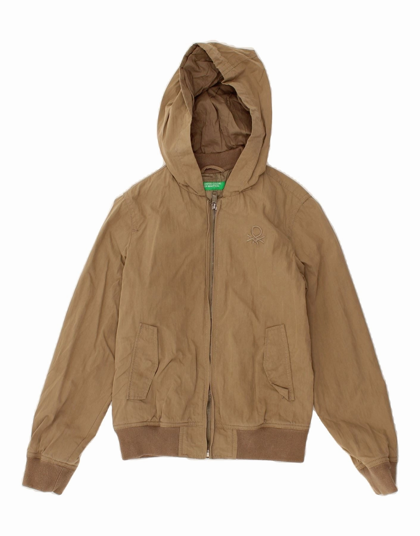 BENETTON Boys Hooded Bomber Jacket 8-9 Years Large Brown Cotton Sleek Finish Rugged Protection