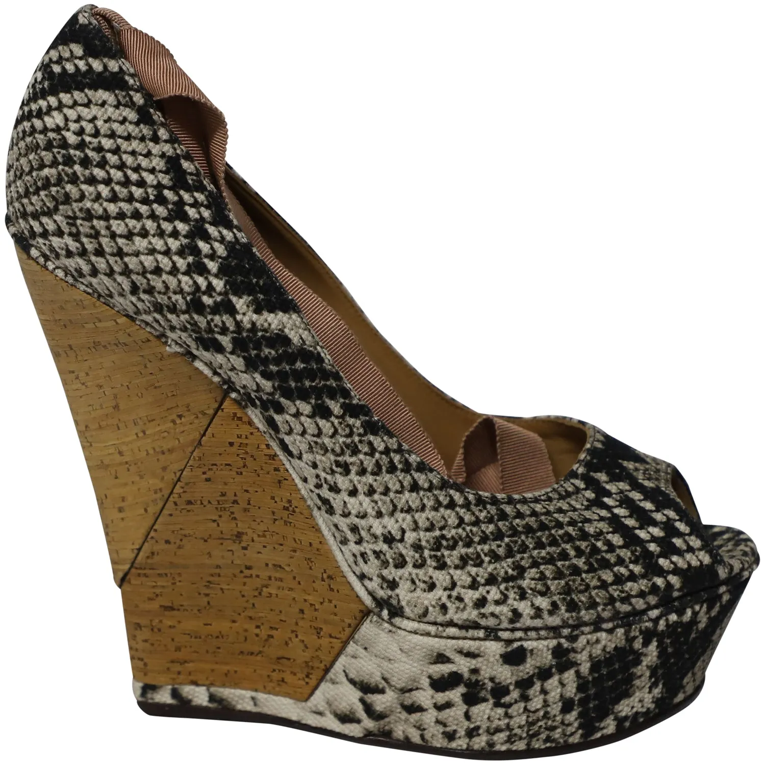 Lanvin Ribbon Strap Wood Wedge Peep-toe Sandals in Phyton Print Leather Mono Sole