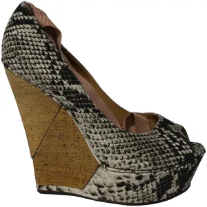 Lanvin Ribbon Strap Wood Wedge Peep-toe Sandals in Phyton Print Leather Mono Sole