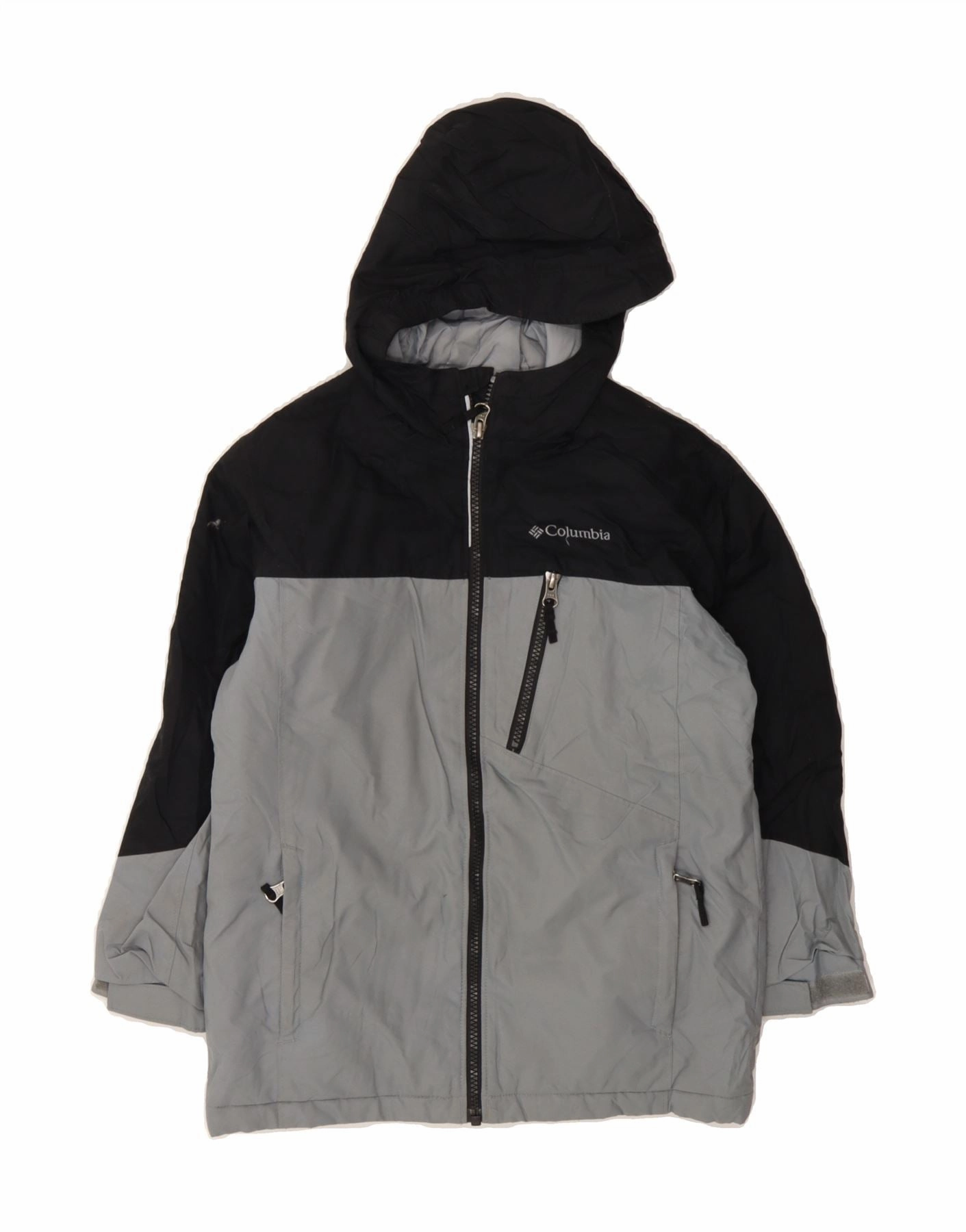 COLUMBIA Boys Hooded Windbreaker Coat 7-8 Years Small Grey Colourblock visibility Modular Attachment Points