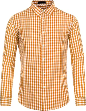 Lars Amadeus Men's Plaid Shirt Button Down Long Sleeves Dress Gingham Checkered Shirts