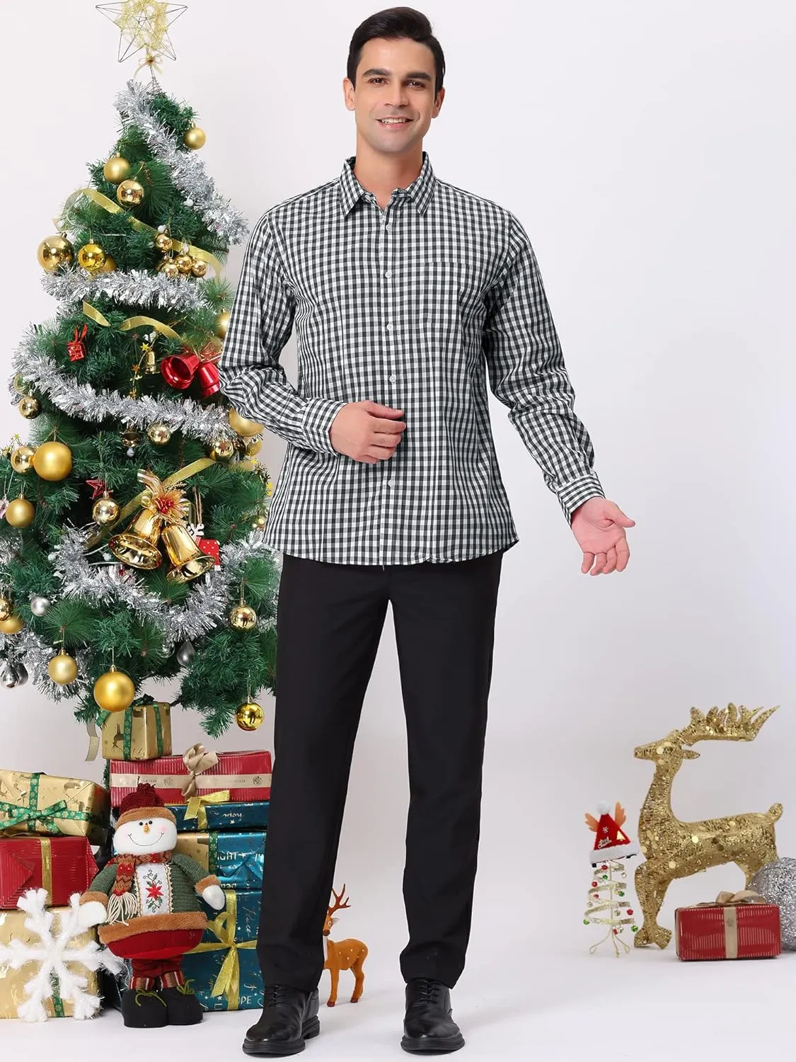 Lars Amadeus Men's Plaid Shirt Button Down Long Sleeves Dress Gingham Checkered Shirts
