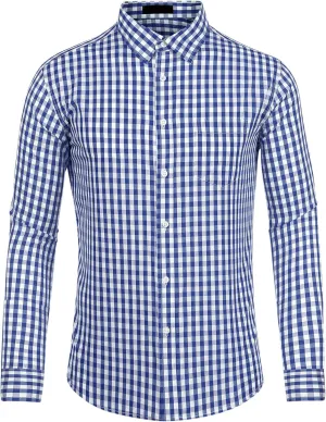 Lars Amadeus Men's Plaid Shirt Button Down Long Sleeves Dress Gingham Checkered Shirts
