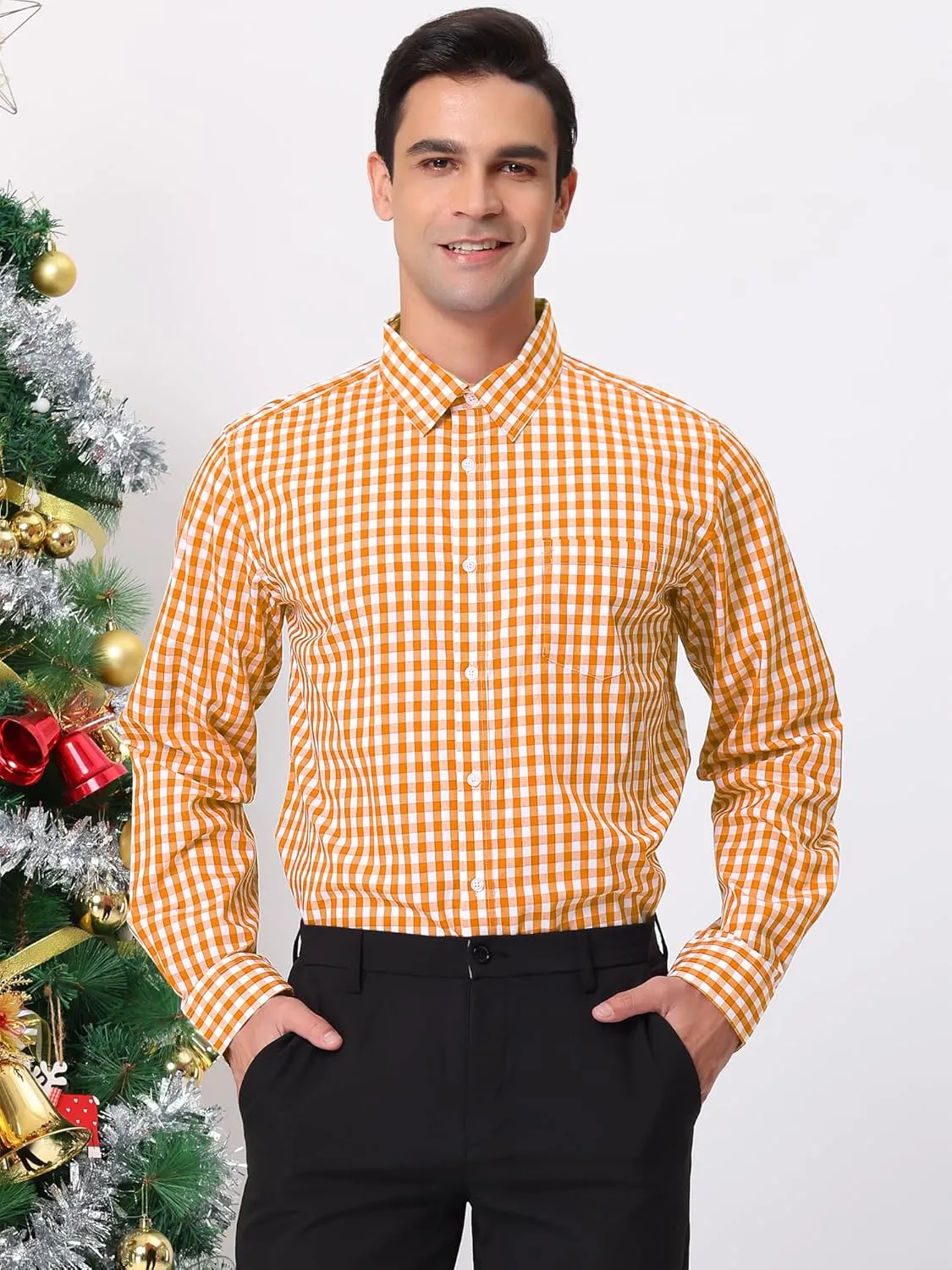 Lars Amadeus Men's Plaid Shirt Button Down Long Sleeves Dress Gingham Checkered Shirts