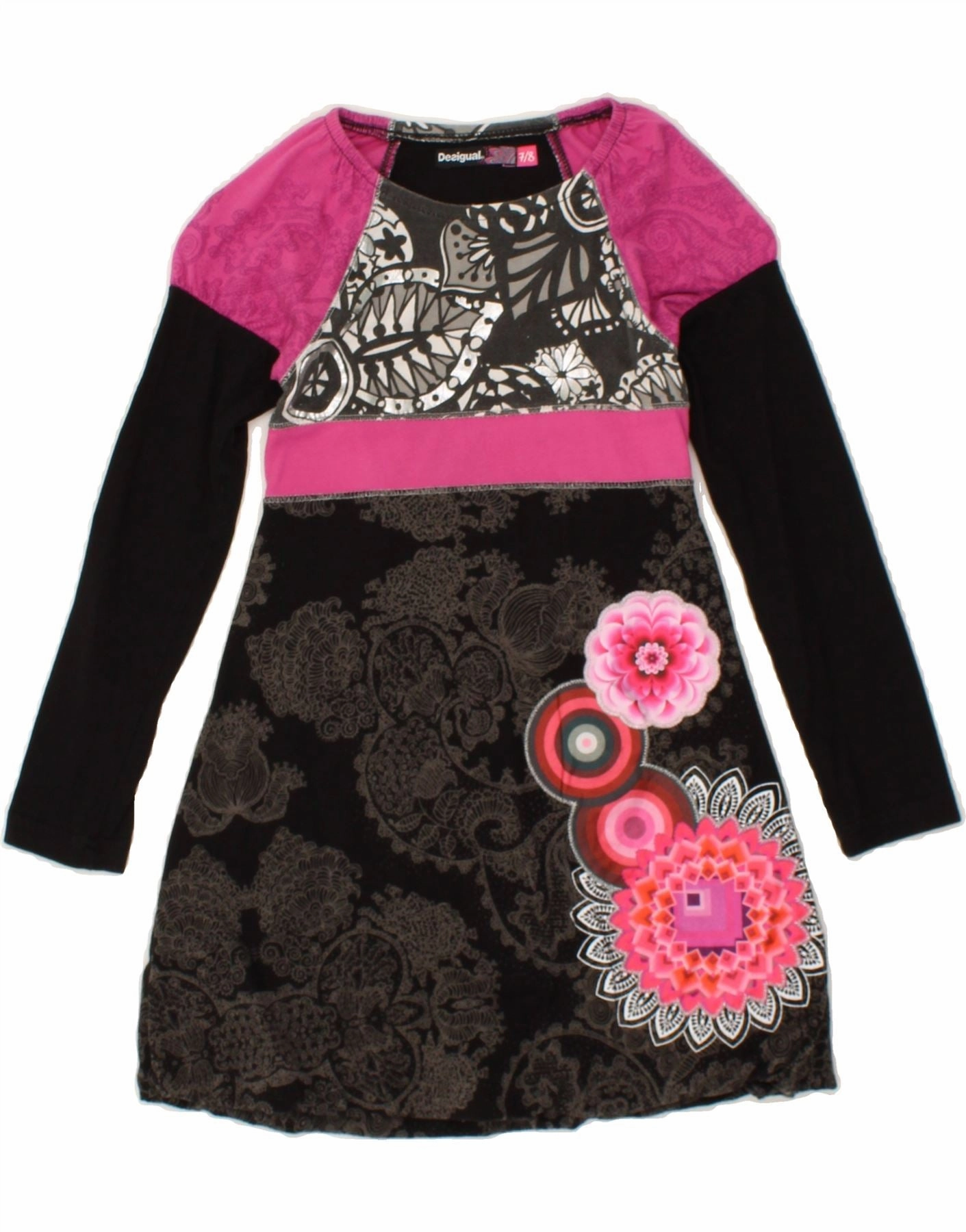 Long Sleeve DESIGUAL Girls Long Sleeve A-Line Dress 7-8 Years Black Paisley Cotton