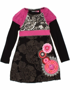 Long Sleeve DESIGUAL Girls Long Sleeve A-Line Dress 7-8 Years Black Paisley Cotton