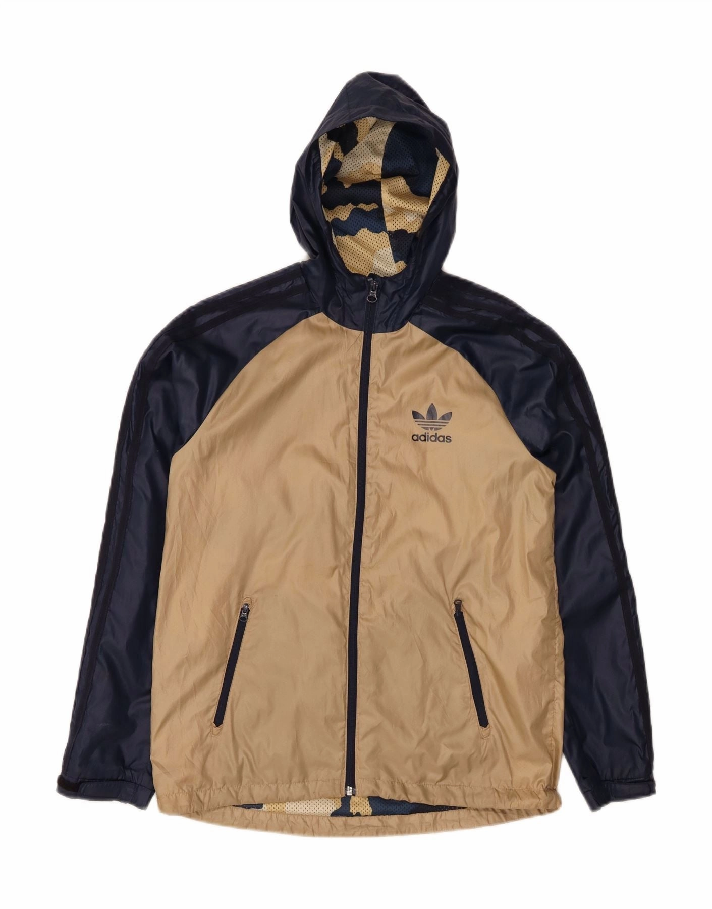 ADIDAS Boys Hooded Rain Jacket 13-14 Years Beige Colourblock Polyester Quick Dry Coating Multi Pocket System