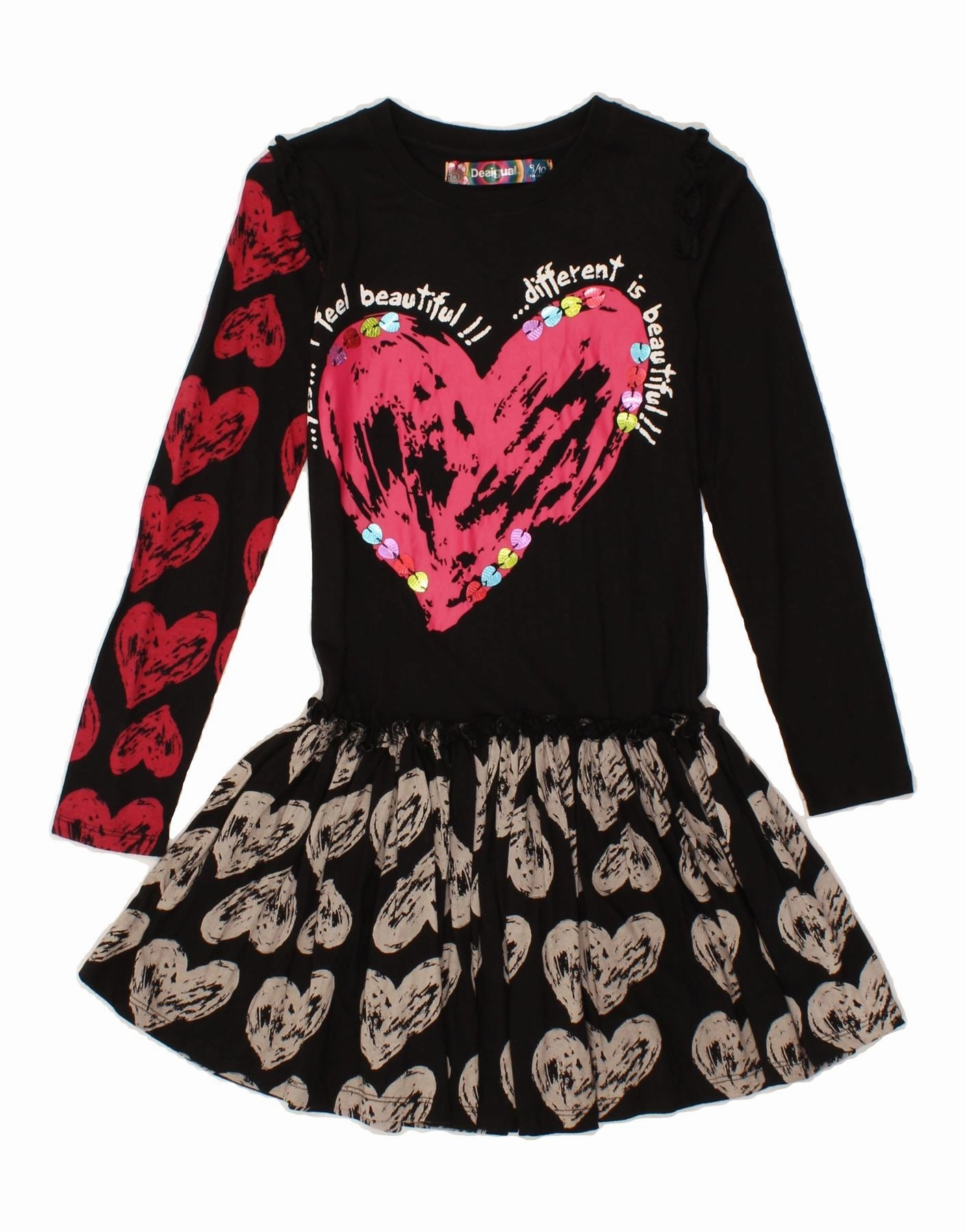 DESIGUAL Girls Graphic Drop Waist Dress 9-10 Years Black Patchwork Comfortable fit for outings