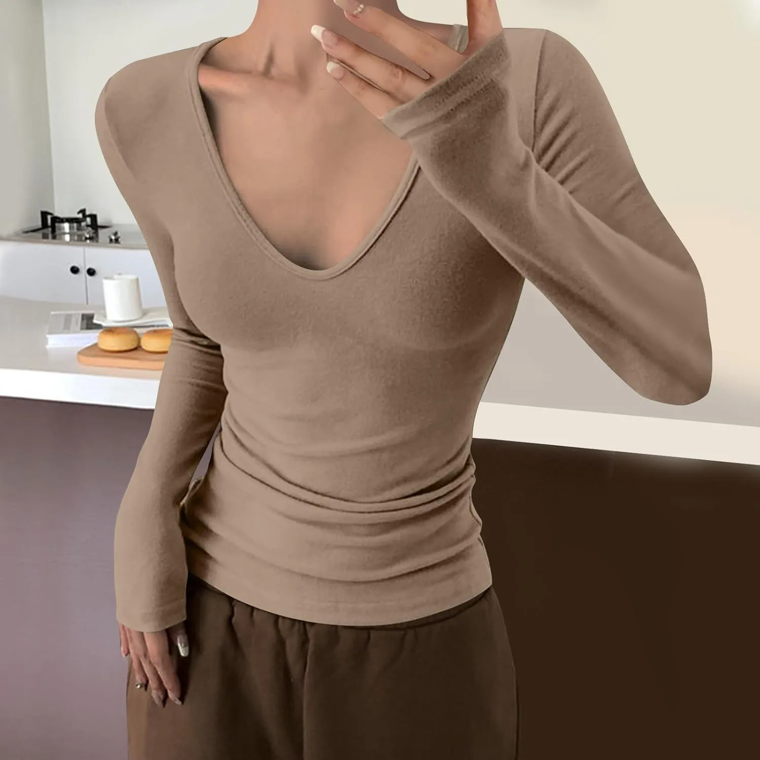 Layering Tee Tops for Women V Neck Long Sleeve Tight T-Shirts Solid Color Slim Fit Basic Shirt Going Out Blouses