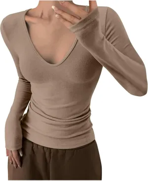 Layering Tee Tops for Women V Neck Long Sleeve Tight T-Shirts Solid Color Slim Fit Basic Shirt Going Out Blouses