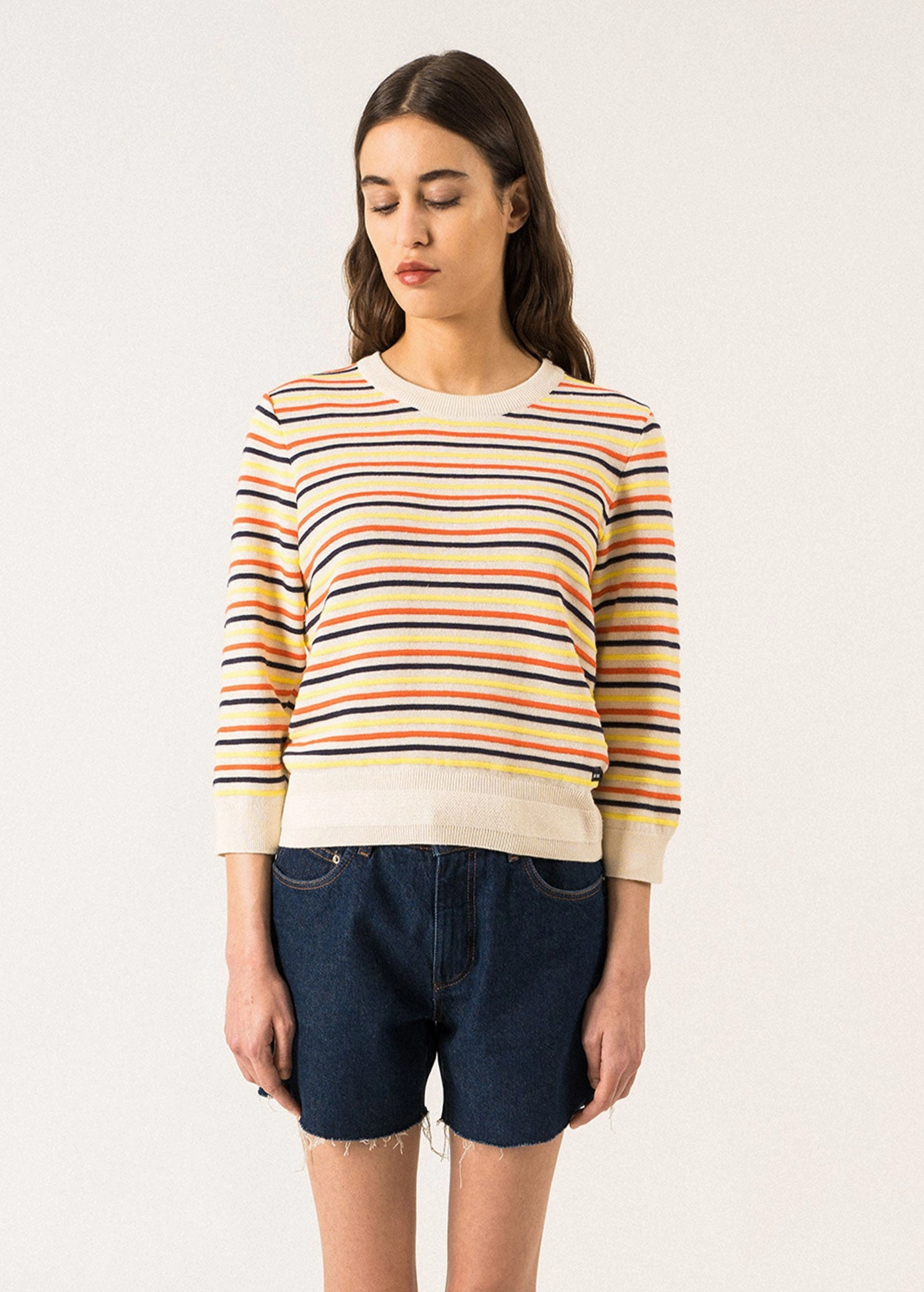 DUNE -  Sweater with Multicolored Stripes by Isabelle Ballu | Cotton and Linen  (IVORY / MULTICO) Classic Look Biodegradable Fiber Option