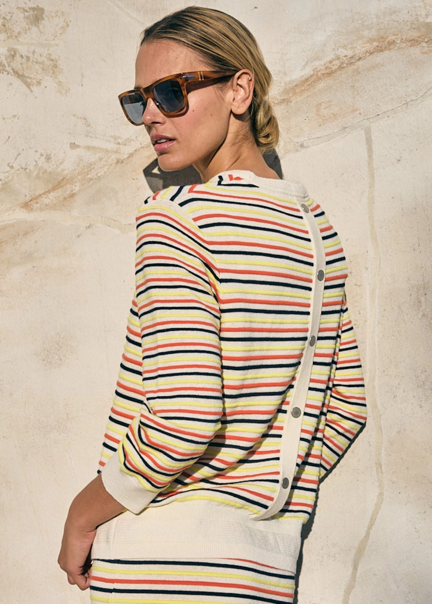 DUNE -  Sweater with Multicolored Stripes by Isabelle Ballu | Cotton and Linen  (IVORY / MULTICO) Snuggly Fit Winter Layer
