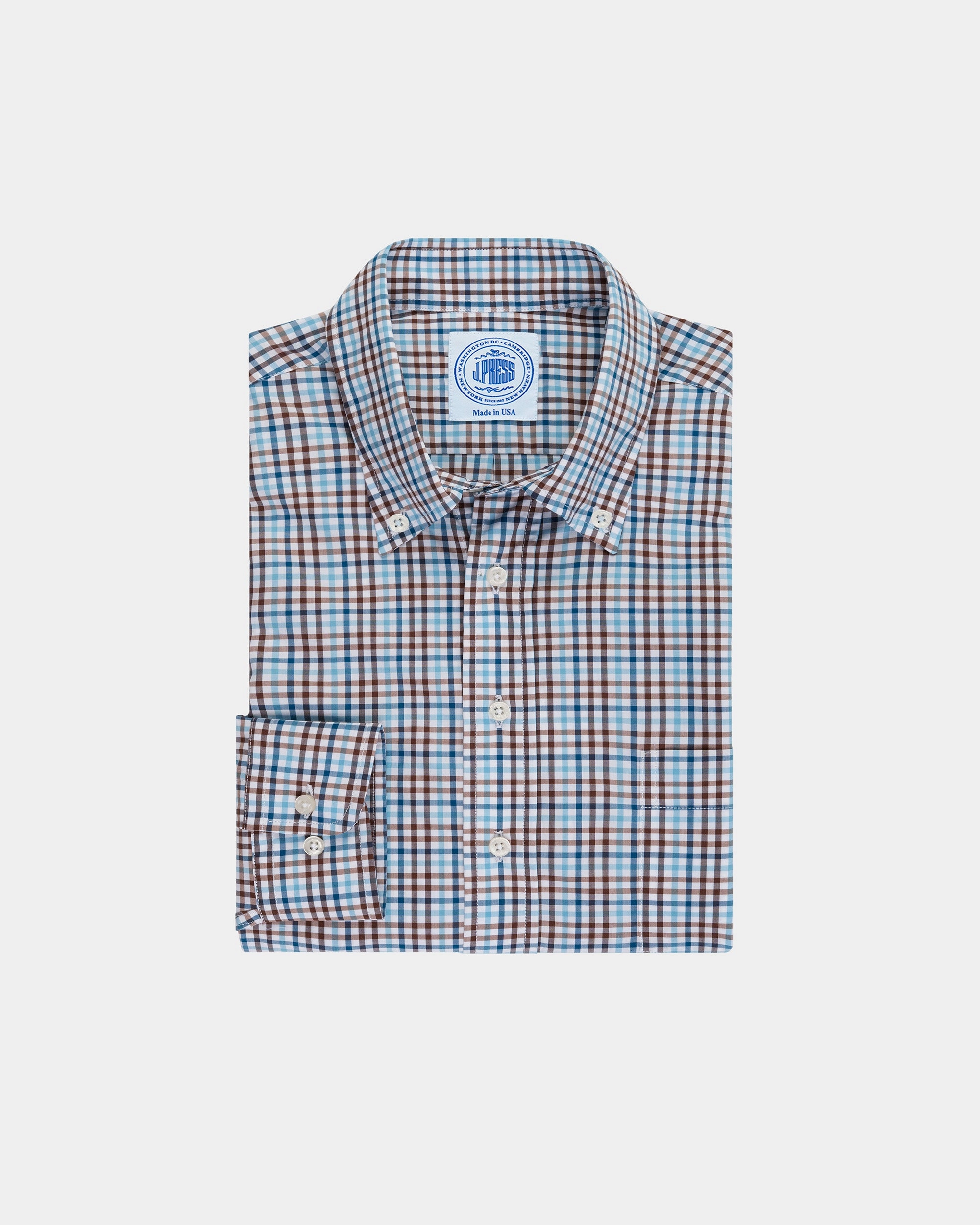 Brown & Blue Gingham Button Down Sport Shirt - Classic Fit Lightweight Layers