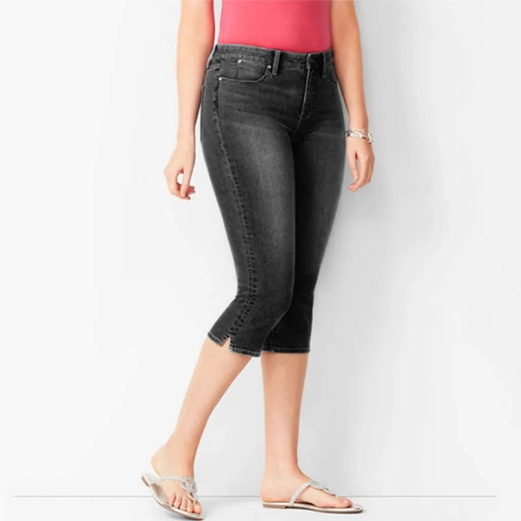 LCMTWX Capri Pants for Women Elastic Pants for Women Fashion Casual Fashion Shorts Trousers Solid Black Leggings with Capri