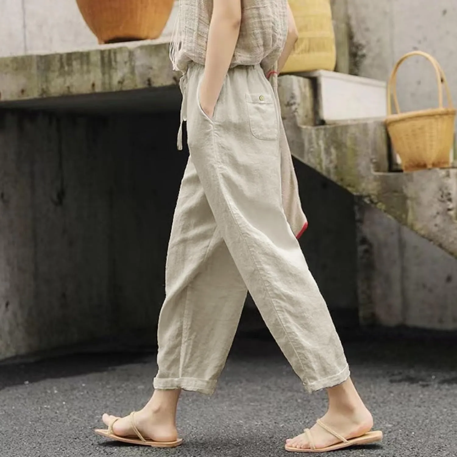 LCMTWX Casual Pants for Women Straight Wide Leg Pants with Breasted Cotton Loose Casual Pants with Denim Capris for Women