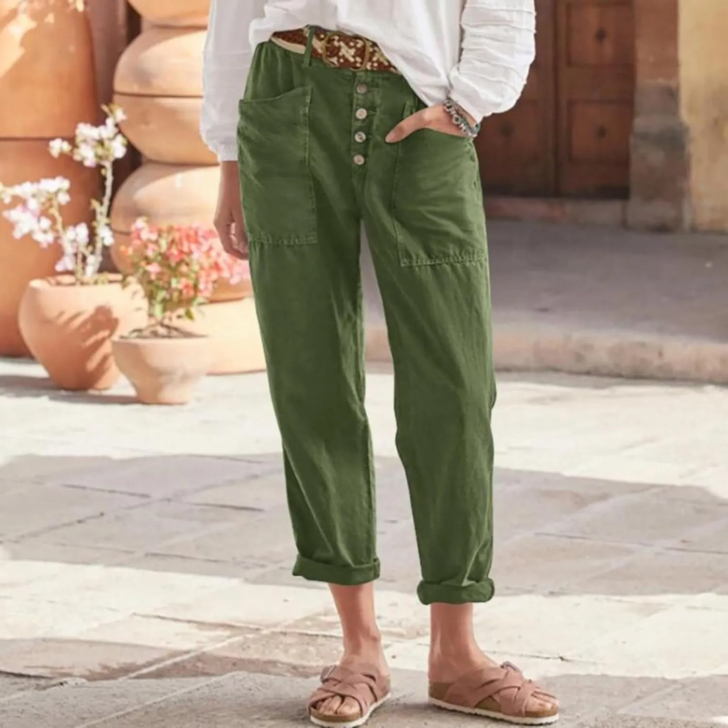 LCMTWX Casual Pants for Women Straight Wide Leg Pants with Breasted Cotton Loose Casual Pants with Denim Capris for Women