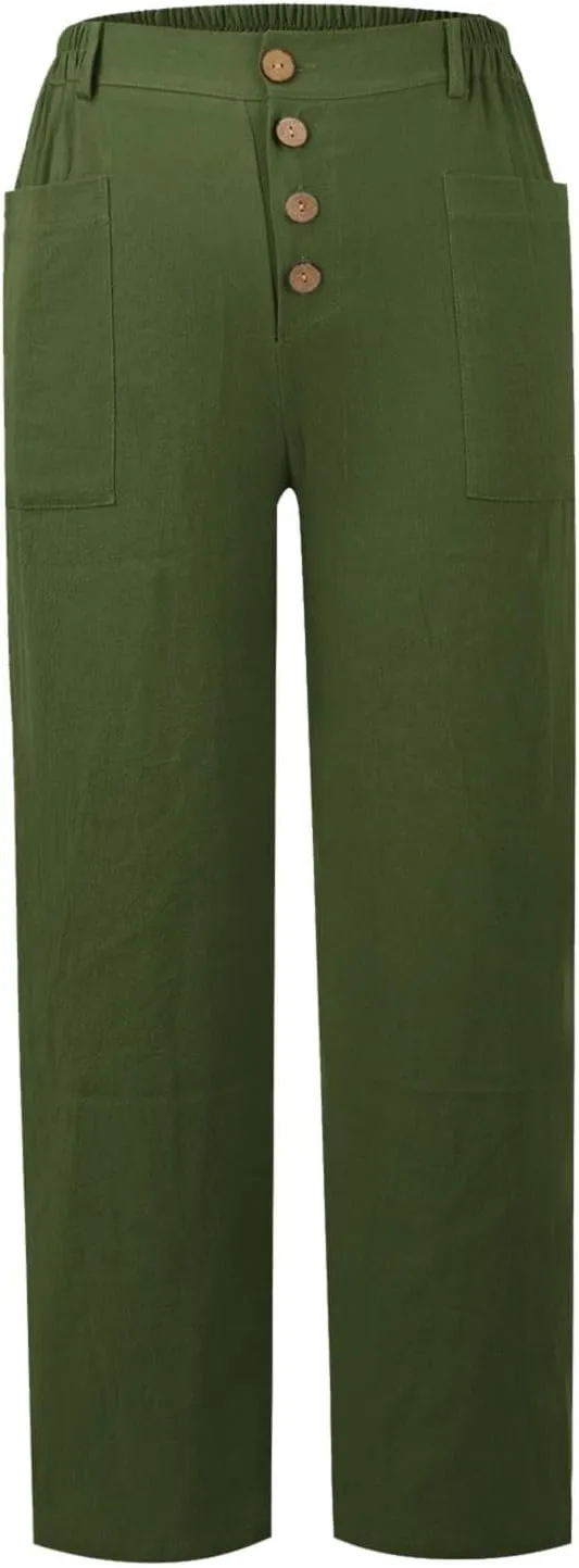 LCMTWX Casual Pants for Women Straight Wide Leg Pants with Breasted Cotton Loose Casual Pants with Denim Capris for Women